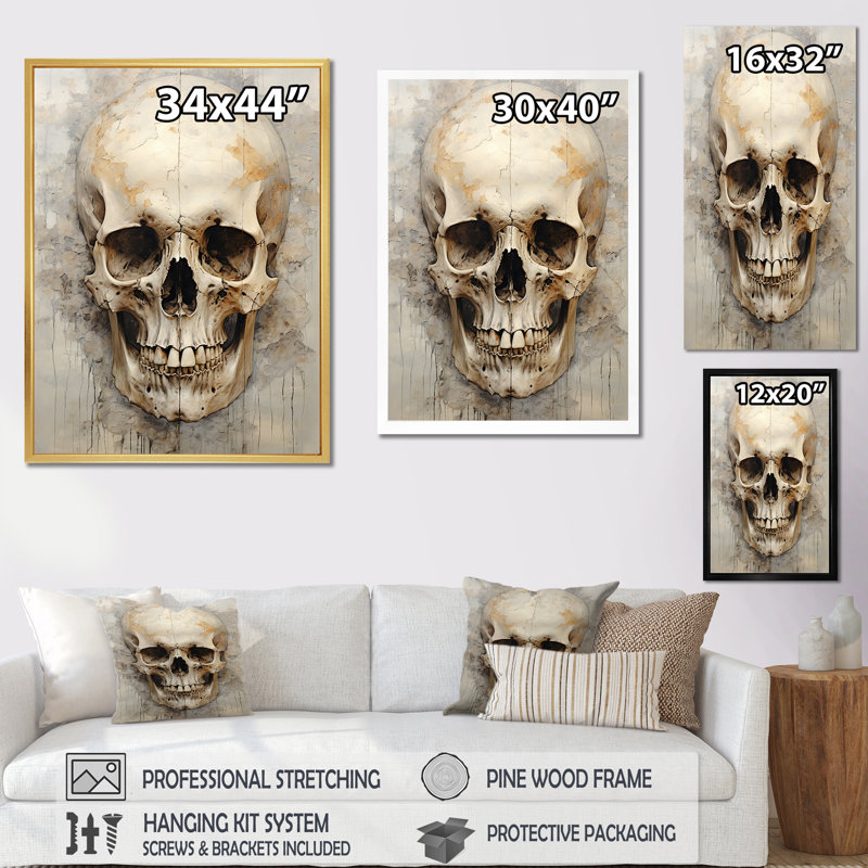 Crânes résonnantes I sur toile, Cadre doré simple, H 44 po x l 34 po x P 1,5 po