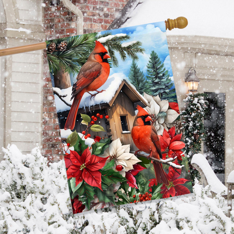 Drapeau de la maison des cardinaux et des poinsettias, Hiver orange/blanc/rouge