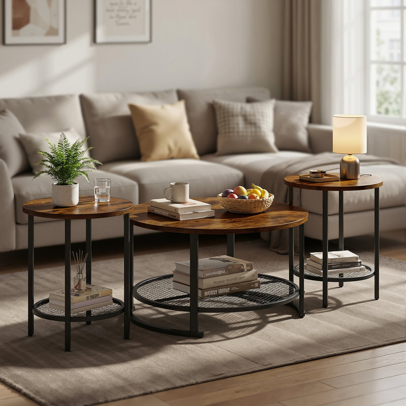 Brinnley 3 - Piece Living Room Table Set, Coffee Table and End Table Set, Modern Industrial Accent Tables with Storage Shelf, Round Coffee Table Set of 3 for Apartment Home  (Set of 3)