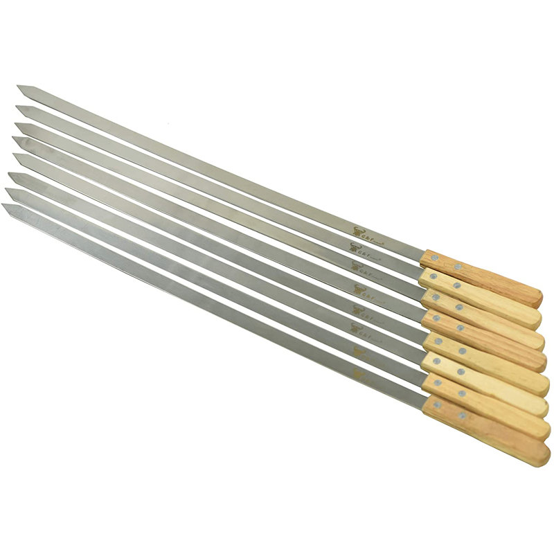 Heavy-Duty Stainless Steel BBQ Skewers with Wooden Handles, Set of 8