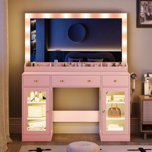 Vanity Desk with Power Outlet, Chair & Lighted Mirror, Black Makeup Dressing Table with Large Storage Drawer, Cabinet and Foldable Panel for Girls