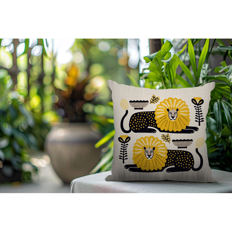 Oreiller carré réversible intérieur / extérieur Chiga Lion, Jaune, Carré 17 po