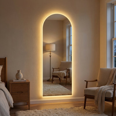 Miroir pleine longueur de 65 po x 21 po à DEL, miroir en forme de corps entier avec lumières arquées, miroir symétrique sans cadre avec bordure givrée et 3 lumières à intensité variable