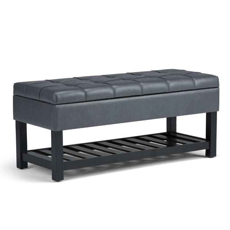 Banc de rangement avec repose-pieds capitonné en cuir végétalien avec tablette relevable et tablette inférieure ouverte