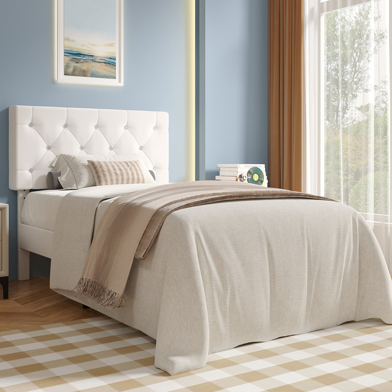 White Twin Size Velvet Upholstered Platform Bed Frame With Diamond Tufted Headboard, Twin, White