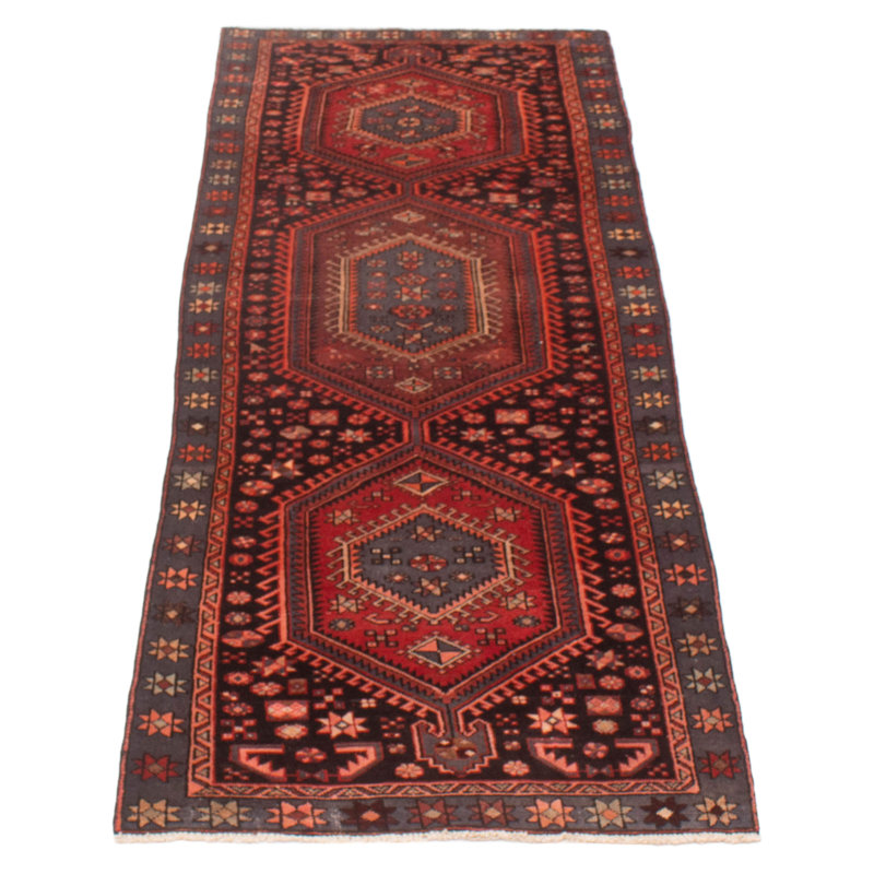 Tapis de couloir unique en laine noué à la main de style années 2000 de 3 pi 3 po x 9 pi 5 po en rouge / beige / bleu marine Angelicamaria