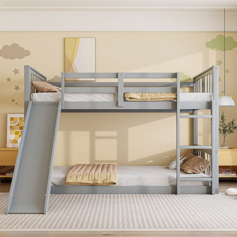 Twin Over Twin Bunk Bed With Slide And Ladder, Gray, Gray