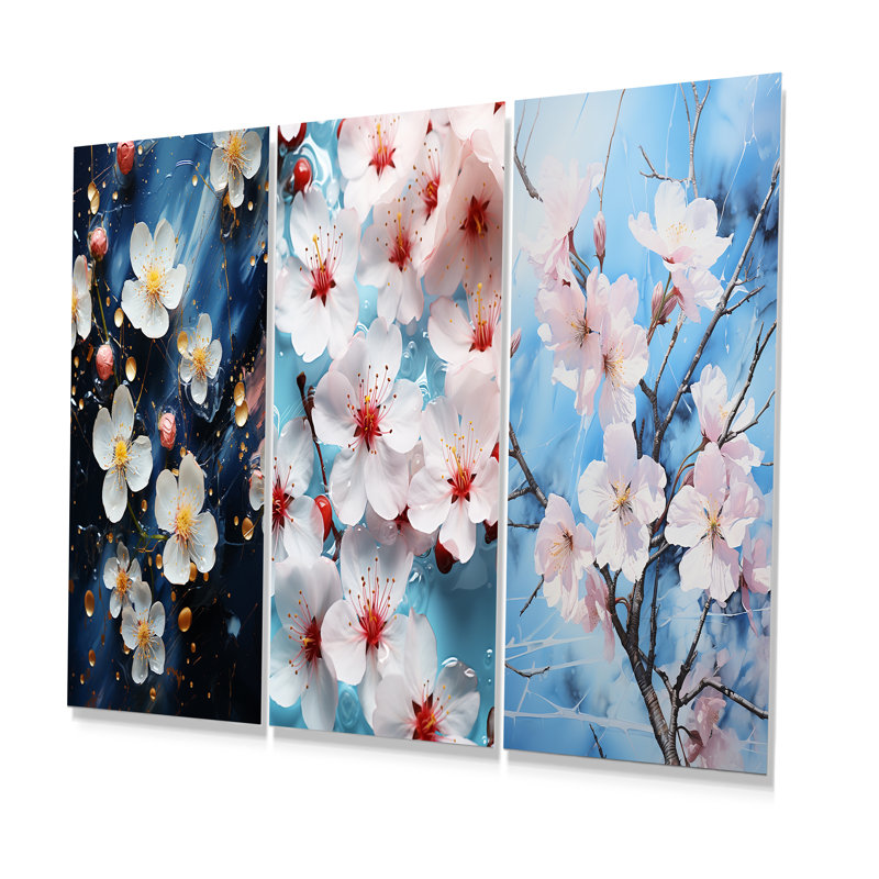«White Cherry Blossoms Flow II» - Ensemble de 3 reproductions d'art mural en métal, H 28 po x l 36 po