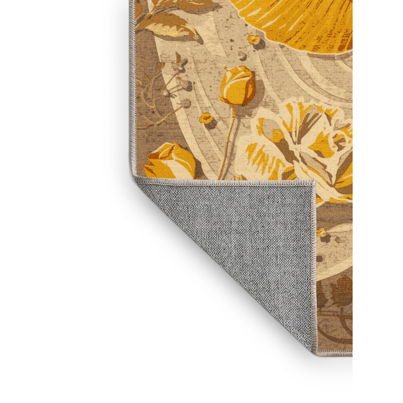 Tapis éclectique à motif de roses jaunes lavables à la machine Paesyn, Rond 8 pi