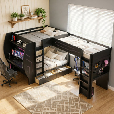Lit superposé de jeu simple et double en L 3 en 1 avec bureaux intégrés, station de charge, échelles et tiroirs de rangement, panneau perforé, lumière DEL