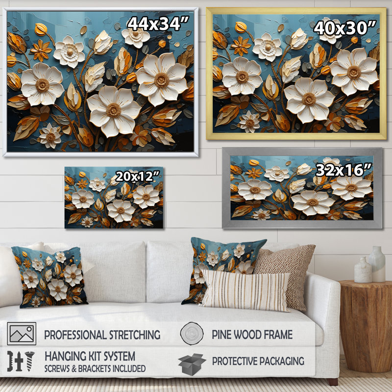 «White and Gold Charming Spring Flower Elegance IV», art mural fleurs, Cadre d'angle fermé doré, H 12 po x l 20 po x P 1 po