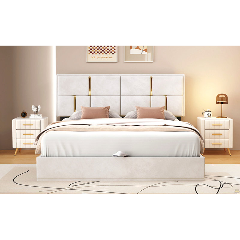 Grand lit plateforme tapissier avec système de rangement hydraulique, aucun sommier nécessaire, Beige