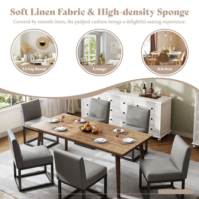 Gray Linen Upholstered Dining Chairs with Metal Frame, Set of 6