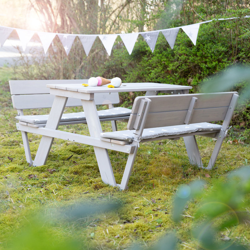 Kids 4 Piece Solid Wood Rectangular and Chair Set and Bench, Grey