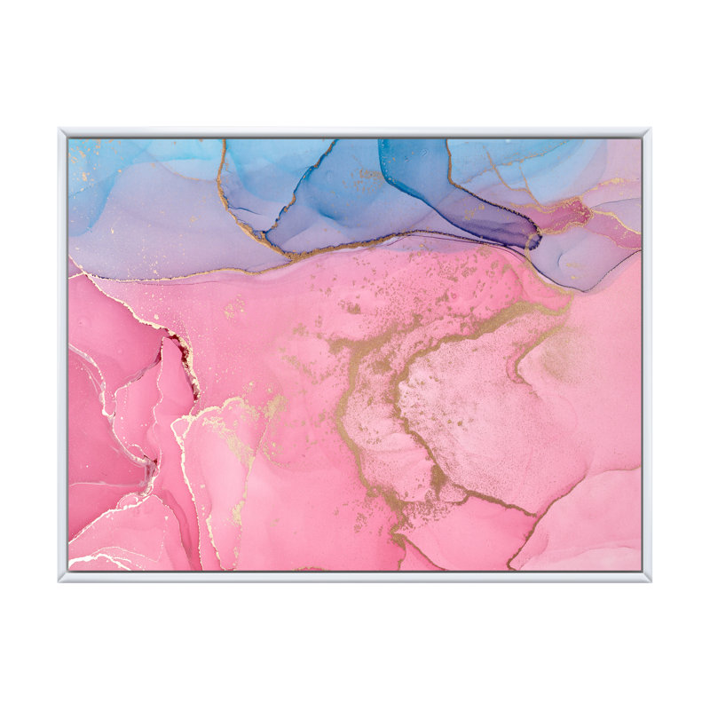 Art à l'encre rose rose avec horizon bleu - reproduction sur toile, H 34 po x l 44 po, Toile à cadre flottant blanc