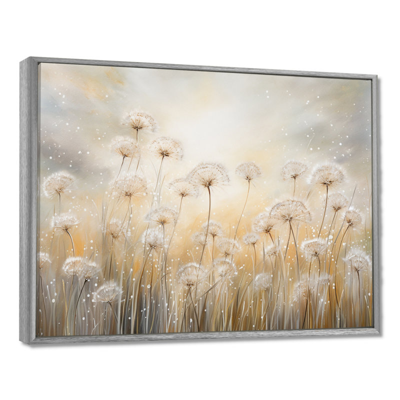 Pissenlit champ brise - art mural champ de fleurs, Reproduction avec cadre flottant, H 30 po x l 40 po, Argent argent