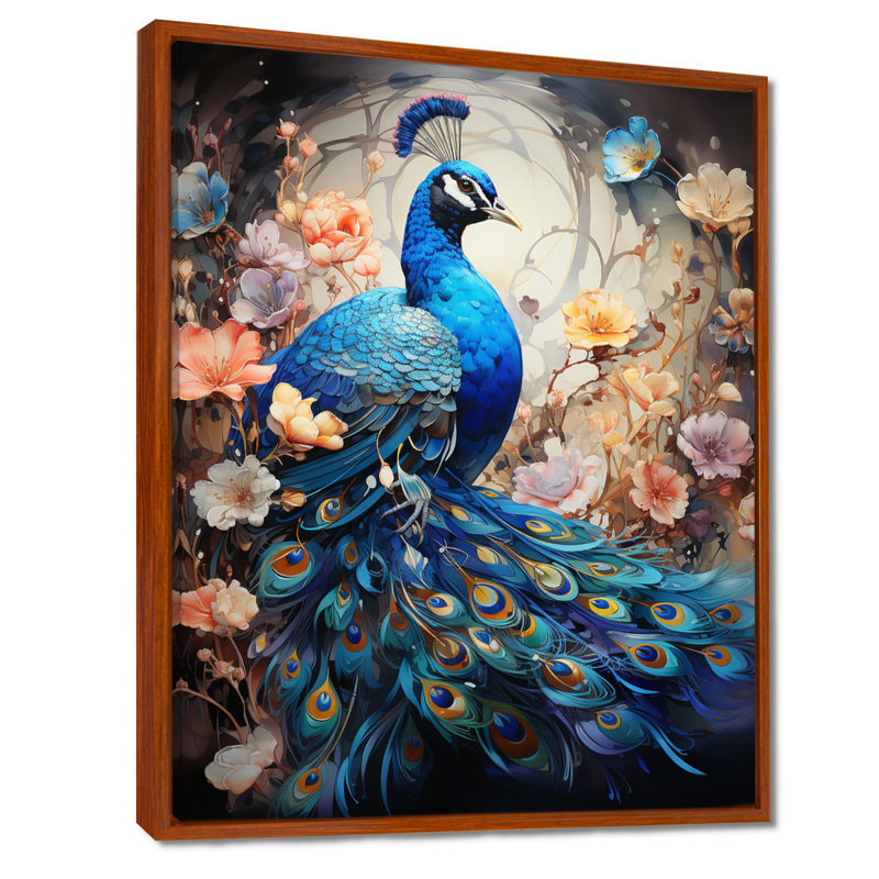 Woodsum Blue Coral Indian Art Dancing Peacock I - Art mural indien, H 20 po x l 12 po x P 1 po, Cadre flottant brun