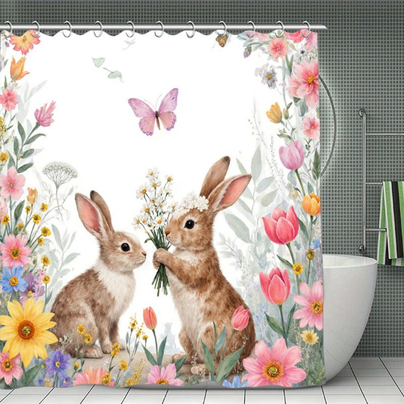 Rideaux de douche Watercolor Bunny, L 72 po x l 72 po, rose et blanc