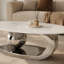 Table basse 51,20 pouces ovale en faux marbre pour le salon, design moderne, motif en marbre blanc, base en acier inoxydable argenté.