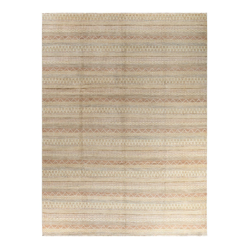 Beige and Light Brown Hand-Knotted Wool Geometric Area Rug, 9'3" x 12'3"