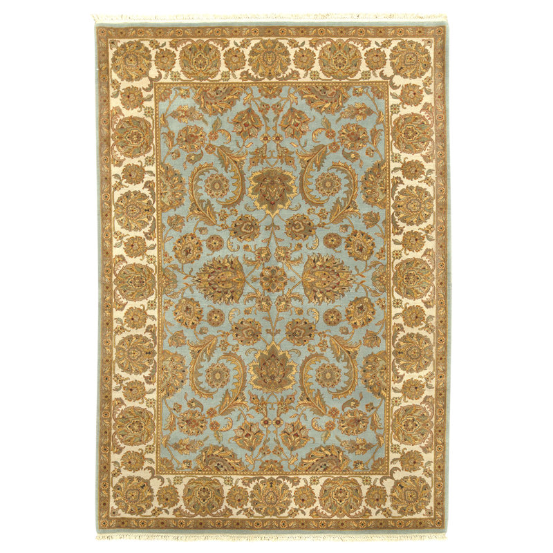 Hand Knotted Wool Oriental Area Rug in Light Blue And Ivory