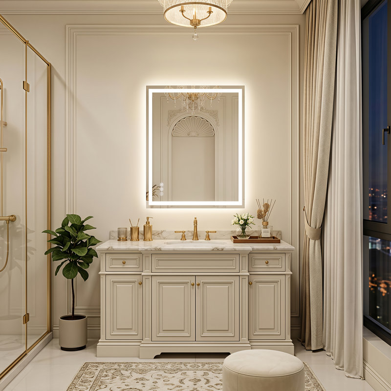 LED Rectangular Bathroom Mirror, Adjustable Light, Anti-fog Glass, 32" x 24"