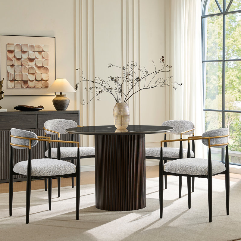 Ensemble de table de salle à manger pour 4 personnes, équipé d'un plateau en imitation marbre et de chaises en tissu, Noir
