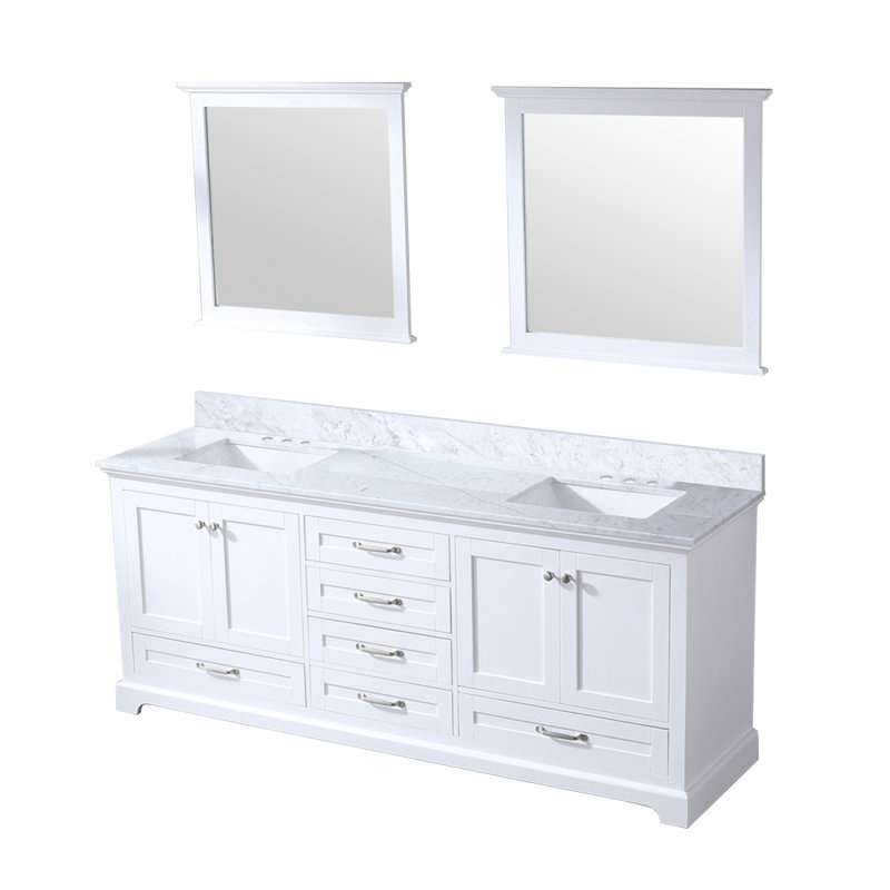 Meuble-lavabo double blanc l 80 po x P 22 po, comptoir en marbre de Carrare et miroir de 30 po