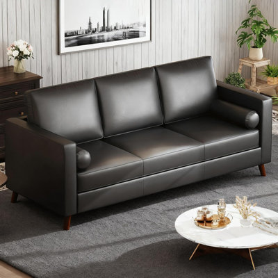 Canapé 86 po en cuir pour le salon, canapé moderne Mid-Century avec sièges profonds, canapé en similicuir brun, canapé 3 places avec housse amovible pour appartement, bureau, noir