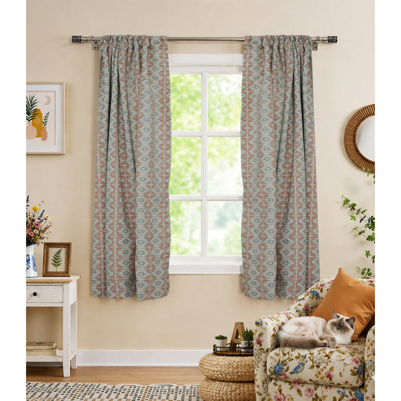Bohemian Handcrafted Linen Curtains – Peach & Grey Block Print Floral Jhroka Window Drapes, 100" W X 84" L