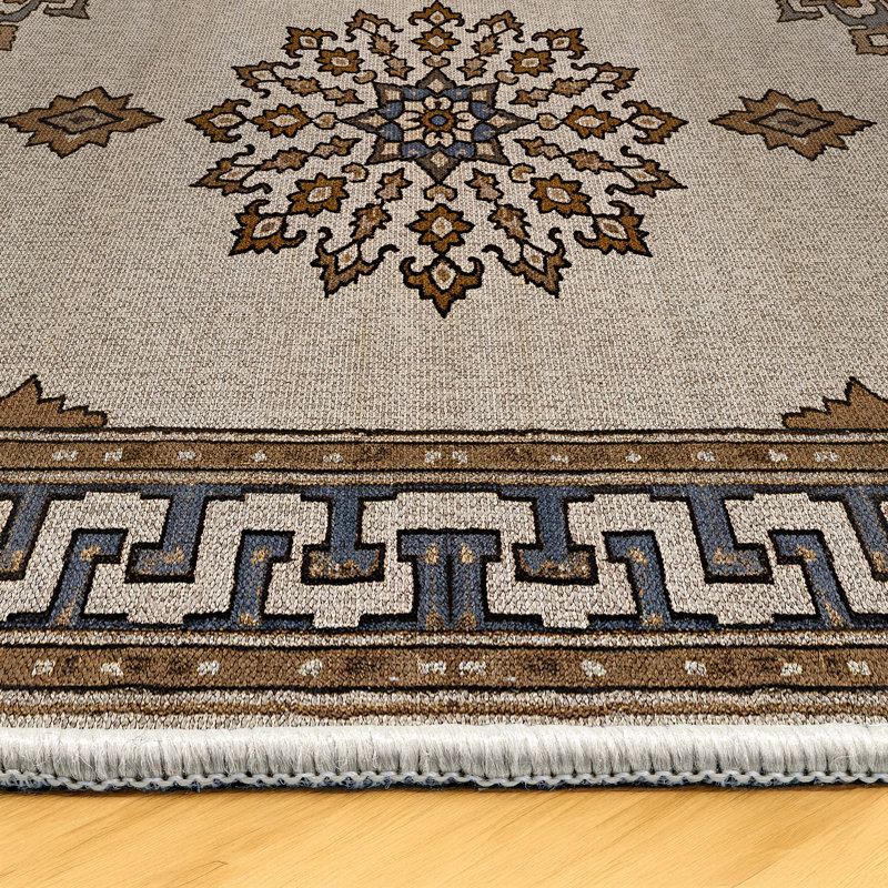 Minisisi Collection Digital Print Cotton-Polyester Beige Brown Moroccan Rug, Round 3'4"