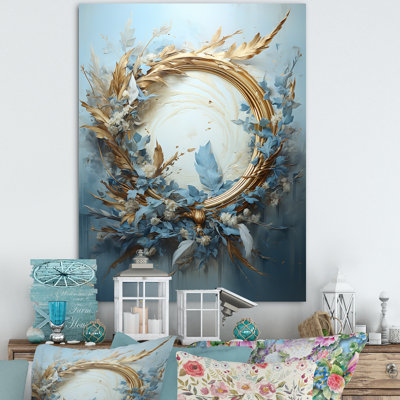 Couronne de fleurs bleues et dorées III sur toile