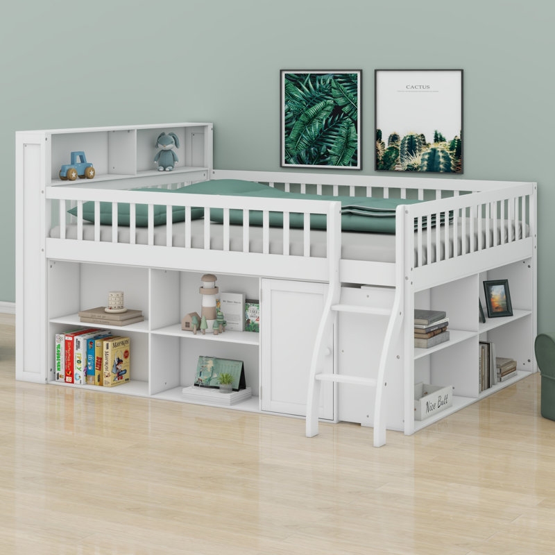 Élégant lit mezzanine en bois avec amplement de tablettes de rangement et tête de lit à DEL, Grand lit, Blanc