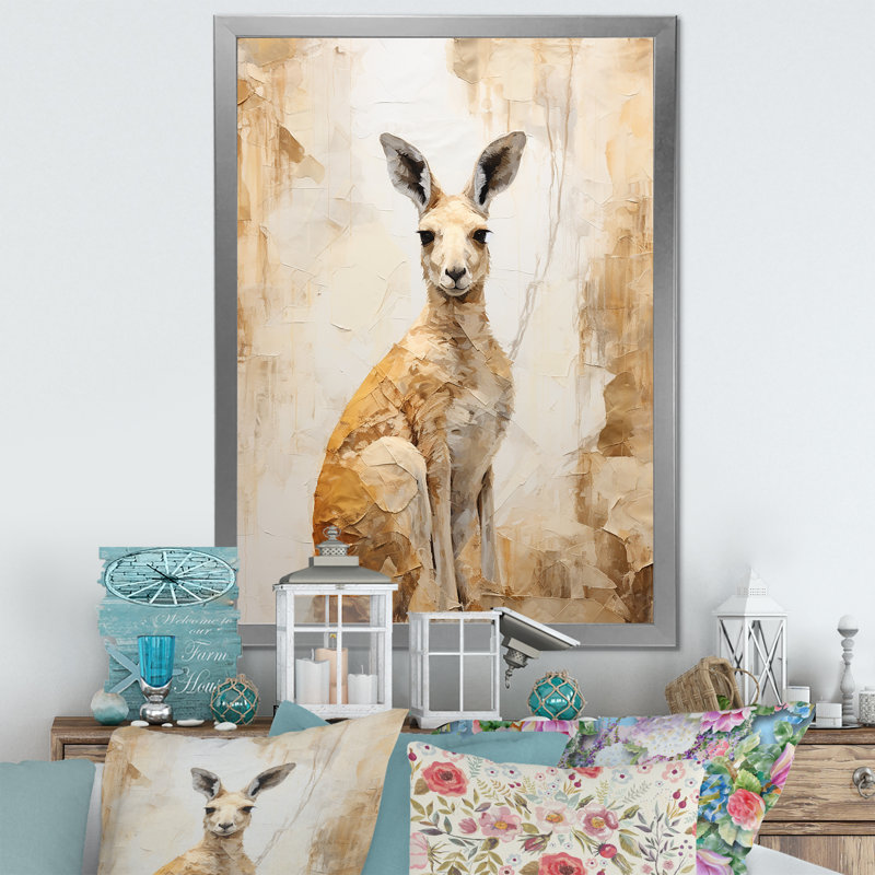 Minimal charmant kangourou sur toile, Cadre simple argenté, H 32 po x l 16 po x P 1 po