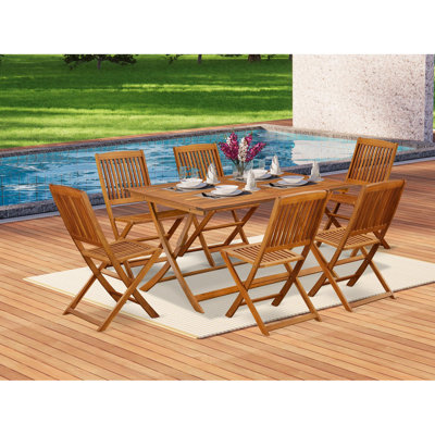 7 Piece Patio Dining Set Consist of a Rectangle Outdoor Acacia Wood Table and 6 Folding Side Chairs, Natural Oil