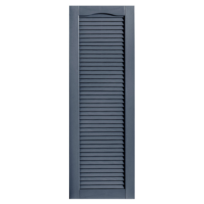 Paire de volets à persiennes cathédrale style pleine longueur ouverts, 67 po, 16 po, Indigo