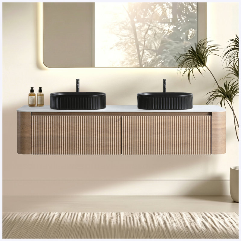 Ensemble de meuble-lavabo mural 72 po en chêne miel 72 po avec double lavabo, ensemble de meuble-lavabo mural avec porte-serviettes gratuit, double lavabo ovale en céramique rayé noir, pré-assemblé, pour grande salle de bain