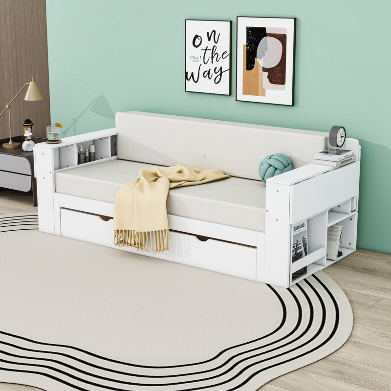 Lit de jour en bois avec bureau et tiroirs et tablettes de rangement, Grand lit, Blanc