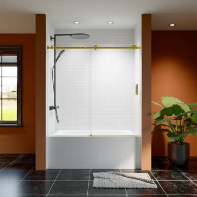 Porte de douche coulissante simple sans cadre l 56 à 60 po x H 60 po, porte en verre trempé de mise à niveau épaissie de 5/16 po (8 mm), quincaillerie en acier inoxydable à roulement lisse, armoire de salle de bain moderne à fixation réversible