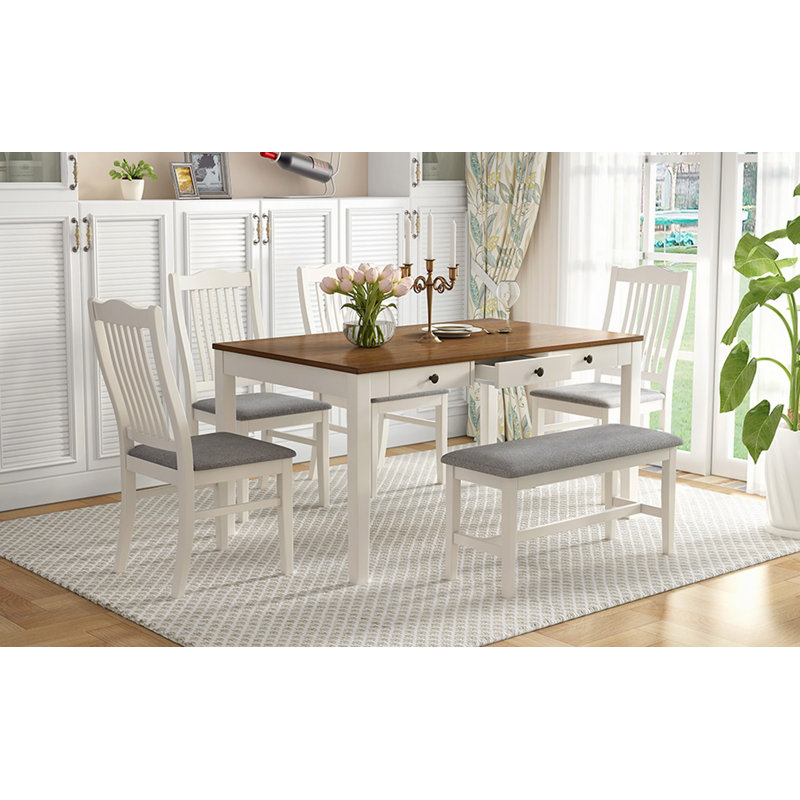 Ensemble de table de salle à manger en bois Mid-Century 6 pièces, ensemble de table de cuisine avec tiroir, chaises rembourrées et banc