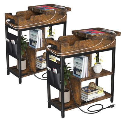 Ensemble de 2 tables d'appoint pliantes, en bois fumé vintage et bois de fer noir, idéales pour le salon ou la terrasse ; table d'appoint portative et peu encombrante.