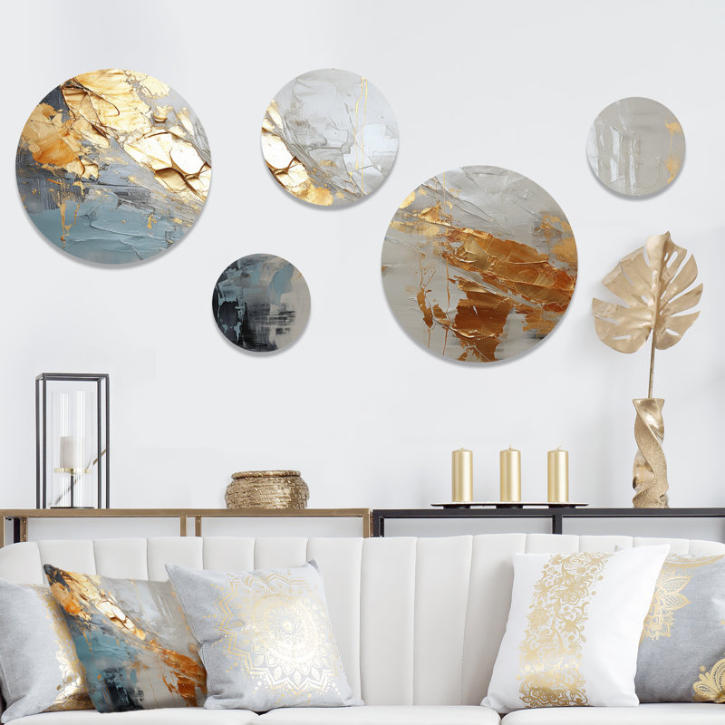Or et gris, formes liquides modernes III - ensemble abstrait d'art mural rond de 5