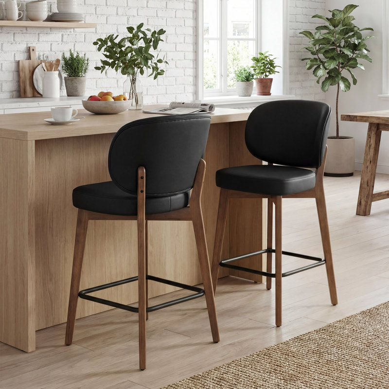 Tabouret de bar Mid-Century moderne, tabouret de bar rembourré en similicuir avec dossier à oreilles, tabouret de bar à hauteur de comptoir sans accoudoirs avec pieds en bois, repose-pieds en métal, pour comptoir de bar pour îlot de cuisine, noir, ensemble de 2