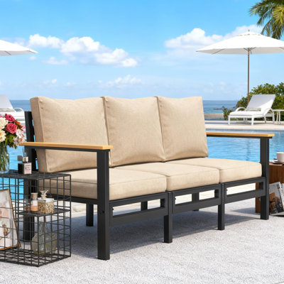 Canapé d'extérieur 3 places avec structure métallique robuste, accoudoirs et coussins épais, mobilier de patio haute résistance, ensemble de mobilier de patio pour cour arrière, jardin, bord de piscine, terrasse (beige)