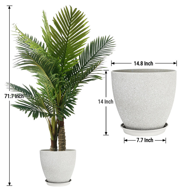 Palmier artificiel de type C et pots ronds en résine avec plateau, Gris foncé, H 23,62 po x l 59,84 po x P 23,62 po