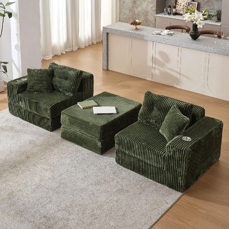 Boneless 80” W Modular Compression Sofa With Ottoman, High Rebound Density Sponge Sofa, Green