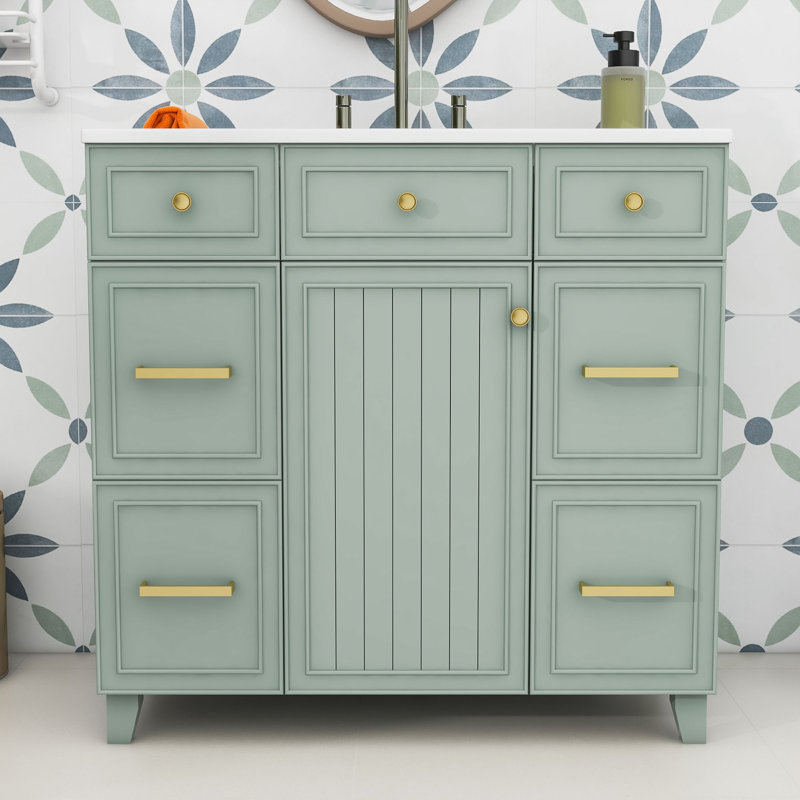 Meuble-lavabo de salle de bain avec lavabo en céramique, tablette réglable et tiroirs, Vert