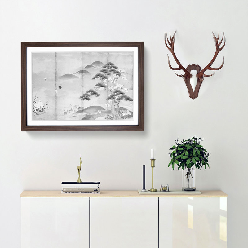 Birds & Flowers of Four Seasons by Kano Tan'yu - Picture Frame Painting Print, 48cm H x 65cm W x 2cm D, Walnut Framed