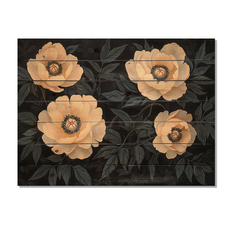 Noir noir beige pivoines I - art mural en bois pivoines - sur bois de pin naturel, H 10 po x l 20 po x P 0,78 po