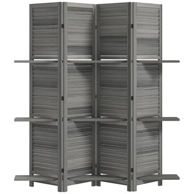 Room Divider 4 Panel 67" Tall Wood Privacy Screen with 3 Shelves and Folding Storage for Bedroom, Gray